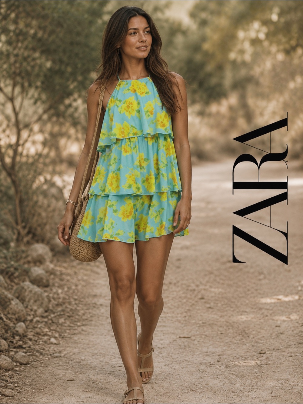 Zara Blue Tiered Mini Dress with Yellow Floral Print